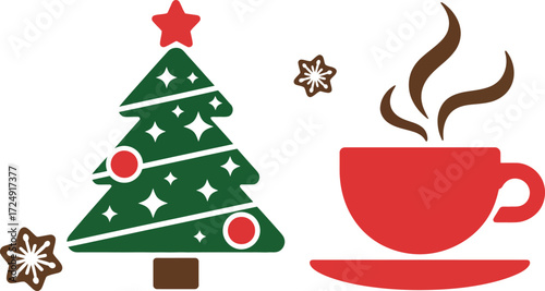 A christmas tree and a cup of coffee with cookies on a white background