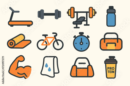 Fitness and workout equipment icons: treadmill, dumbbell, bicycle, and more