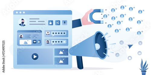 Blogger working with viral content attracts new followers. Influencer increases his audience and subscribers. Digital marketing, businessman hand using magnet