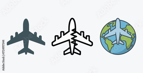 Three airplane icons in different styles symbolizing global air travel concept
