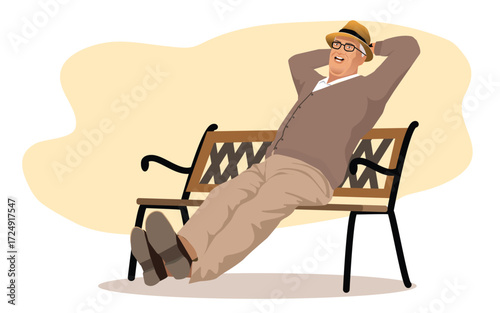 Senior man relaxing in park on a sunny day seated on a wooden bench. vector, illustration
