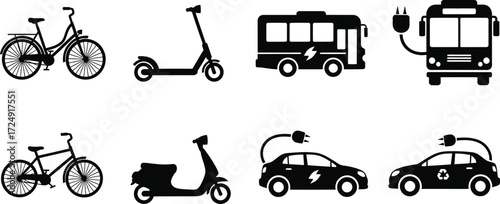 Electric transport icons bicycle, scooter, bus, and car, promoting ecofriendly and sustainable mobility solutions