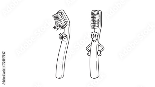 Two cartoon toothbrushes old and new dental hygiene Vector illustratio