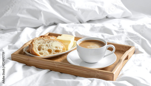 Breakfast in Bed A Delightful Morning Treat with Coffee, Bread, and Butter on a Tray
