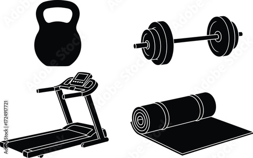 Fitness equipment icon set collection of gym and exercise symbols vector illustration of kettlebell, dumbbell,