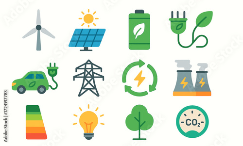 Clean energy icons: solar, wind, electric car, eco power, green technology symbols