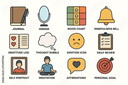 Mindful living icons: journal, meditation, emotion, goals, self-care tools