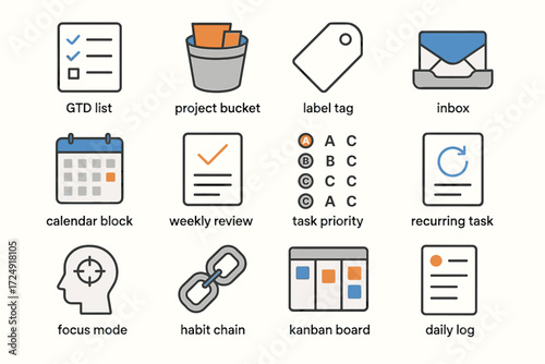 Productivity icons: gtd list, project bucket, task management tools