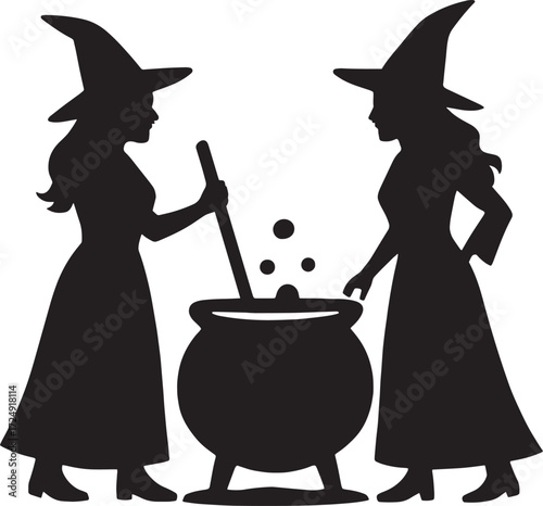 Two Witches with Cauldron Silhouette Vector – Spooky Halloween Design
