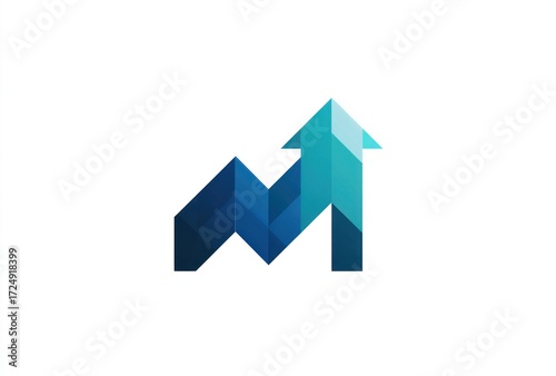 Abstract geometric 'M' turns into an upwards arrow, rendered in gradated shades of cool blues against a plain white background