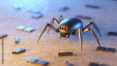 Futuristic metallic spider robot exploring a sandy surface with scattered debris