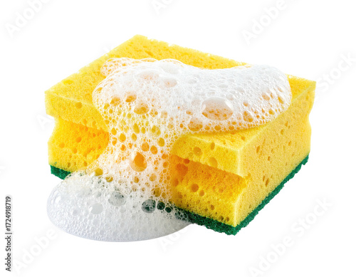 A yellow cleaning sponge with a generous amount of white suds dripping from it