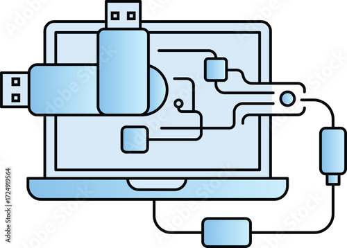 Laptop connected to USB drives and data transfer diagram usb drive flash drive