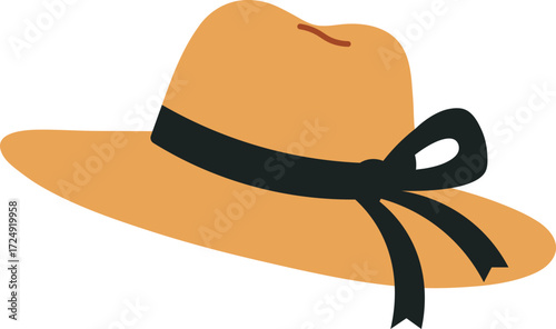 Orange wide brim hat with black ribbon bow and white background fashion accessory