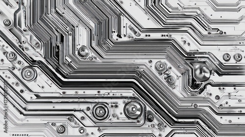 Abstract close-up of circuit-like patterns in metallic silver and gray, creating an intricate network with round metallic features