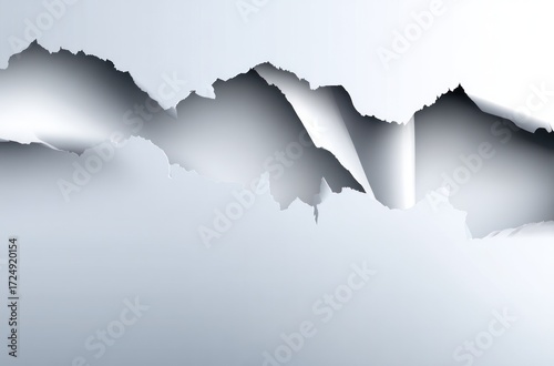 Ripped white material revealing dark depths with jagged edges, creating a dramatic, minimalist background, ideal for layering with other textures