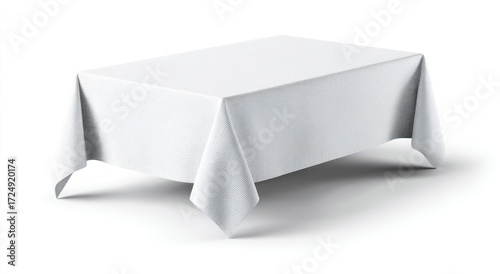 A rectangular table draped with a crisp, white tablecloth, casting a soft shadow on a plain white surface. Simple and clean presentation