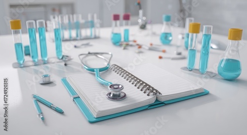 Scientific workspace with stethoscope, notebook, pen, vials, flasks and medicine on bright lab table