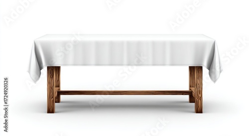 Simple wooden table, draped with a crisp white linen tablecloth, casting a soft shadow. The table is centrally positioned, isolated on white