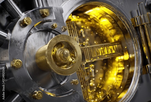 Silver-toned vault door slightly ajar, revealing bright golden interior, with intricate mechanisms visible within the depths of the vault