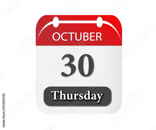 A calendar page showing october thirtieth on a thursday with a red and white color scheme design element