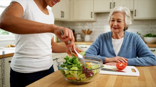 Caregiver preparing healthy salad elderly patient home cinematic handheld caregiving lifestyle stock video. aide making nutritious bowl senior client residence filmic portable
