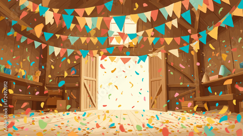 Festive barn interior decorated with colorful bunting and confetti  