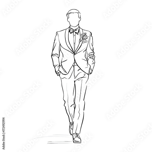 Stylish man in tuxedo walking confidently on white background  