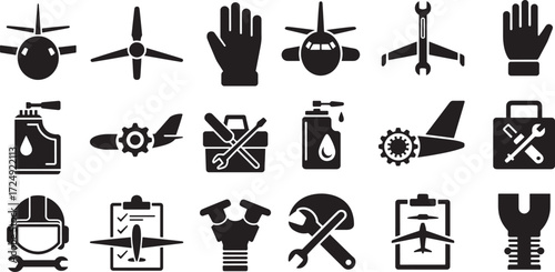 Airplane maintenance tools and equipment icons aircraft propeller