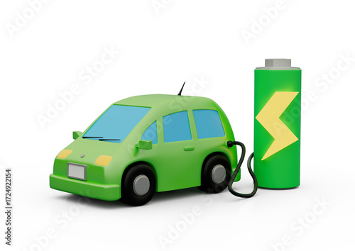 Stylized electric car in charge isolated on transparent background green energy concept 3D computer generated image