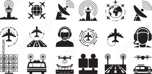 Airport and aviation icons including planes towers and drones aircraft