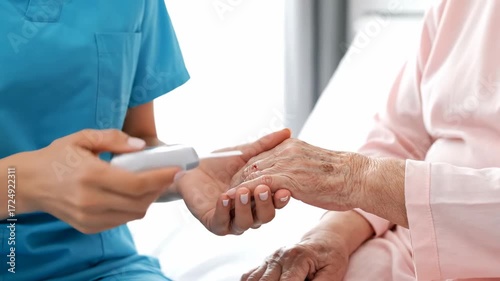 Wallpaper Mural Close up caregiver checking elderly woman s blood sugar level cinematic handheld healthcare caregiving lifestyle stock video. senior glucose check home health aide mature female Torontodigital.ca