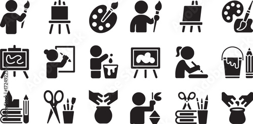 Artist tools and creative activities depicted in silhouette painting drawing