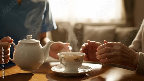 Close up caregiver pouring tea elderly patient table cinematic handheld caregiving lifestyle stock video. loving aide serving beverage aged person desk filmic portable tending