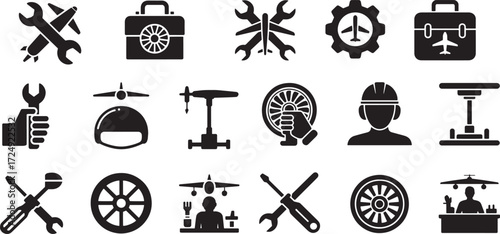 Aviation maintenance tools and equipment icons airplane wrench