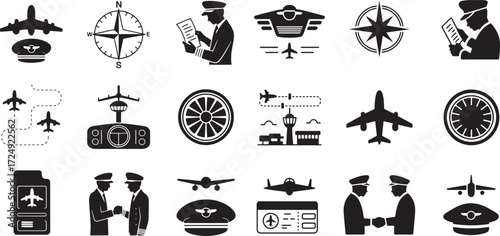 Aviation symbols including airplanes pilots compasses and tickets vector