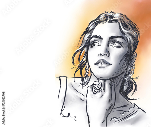 black and white of woman portrait on colors digital art for card decoration illustration