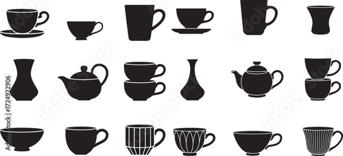 Black silhouettes of teacups mugs vases and pots vector