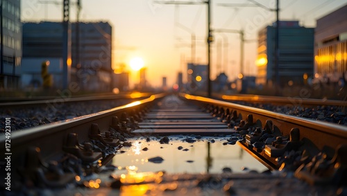 Railroad tracks reflecting sunrise in an urban landscape with city buildings viewable