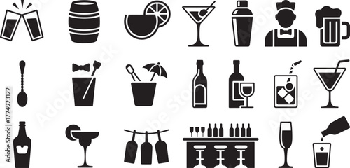 Collection of beverage and bar related icons drink alcohol