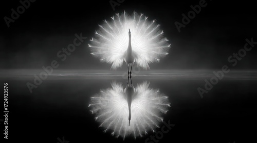 Peacock display reflection black and white
