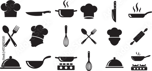 Collection of cooking utensils and chef hats knife