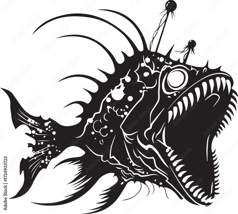 Obraz premium Deep Sea Anglerfish: A stark, high-contrast depiction of a predatory anglerfish, rendered in a bold black-and-white style.