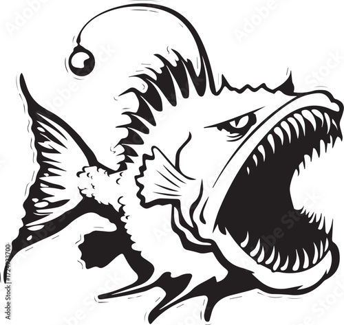 Anglerfish Illustration: A menacing anglerfish illustration showcasing a fierce depiction of the deep-sea predator, rendered in stark black and white lines, capturing the creature's intimidating aura.