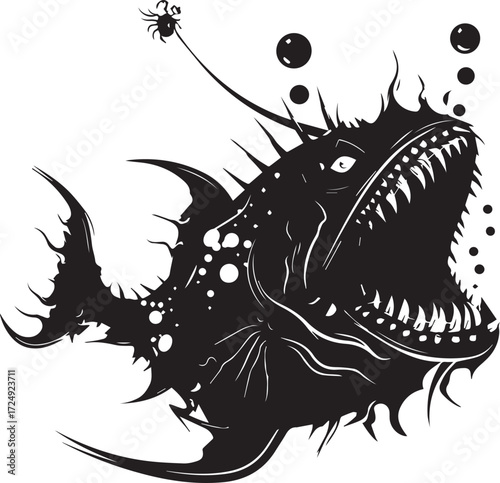 Deep-Sea Anglerfish: A menacing, yet captivating illustration of an anglerfish, known for its bioluminescent lure and jagged teeth, ready to strike in the mysterious depths of the ocean.