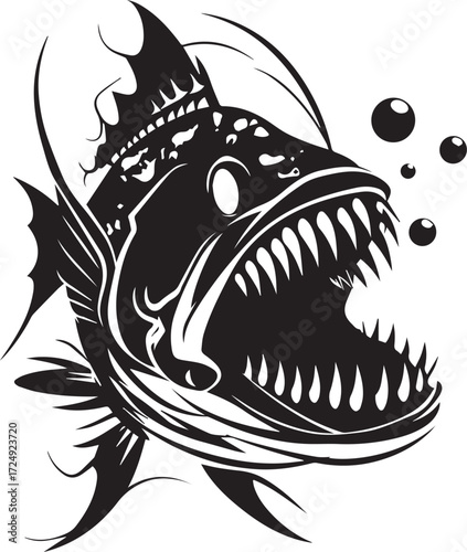 Monochromatic Predator: A fierce illustration of an aquatic predator, rendered in stark black and white, capturing the predatory essence of the deep sea.