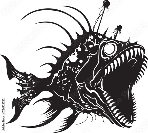 Deep Sea Anglerfish: A stark, high-contrast depiction of a predatory anglerfish, rendered in a bold black-and-white style.