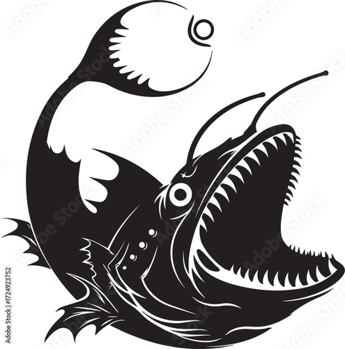 Abyssal Anglerfish: An illustration depicts a striking anglerfish, showcasing its imposing presence with open jaws and distinctive bioluminescent lure, a captivating representation of deep-sea fauna.