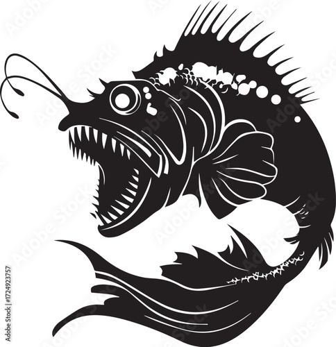 Anglerfish silhouette in the dark ocean: A detailed silhouette of an anglerfish with its prominent lure, sharp teeth, and distinctive features, swimming in the depths of the ocean.