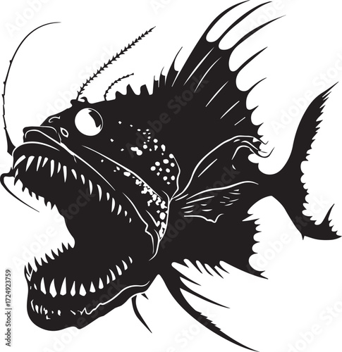 Ink Illustration of a ferocious deep-sea fish: This monochrome illustration depicts a mesmerizing close-up of a predator from the deep.